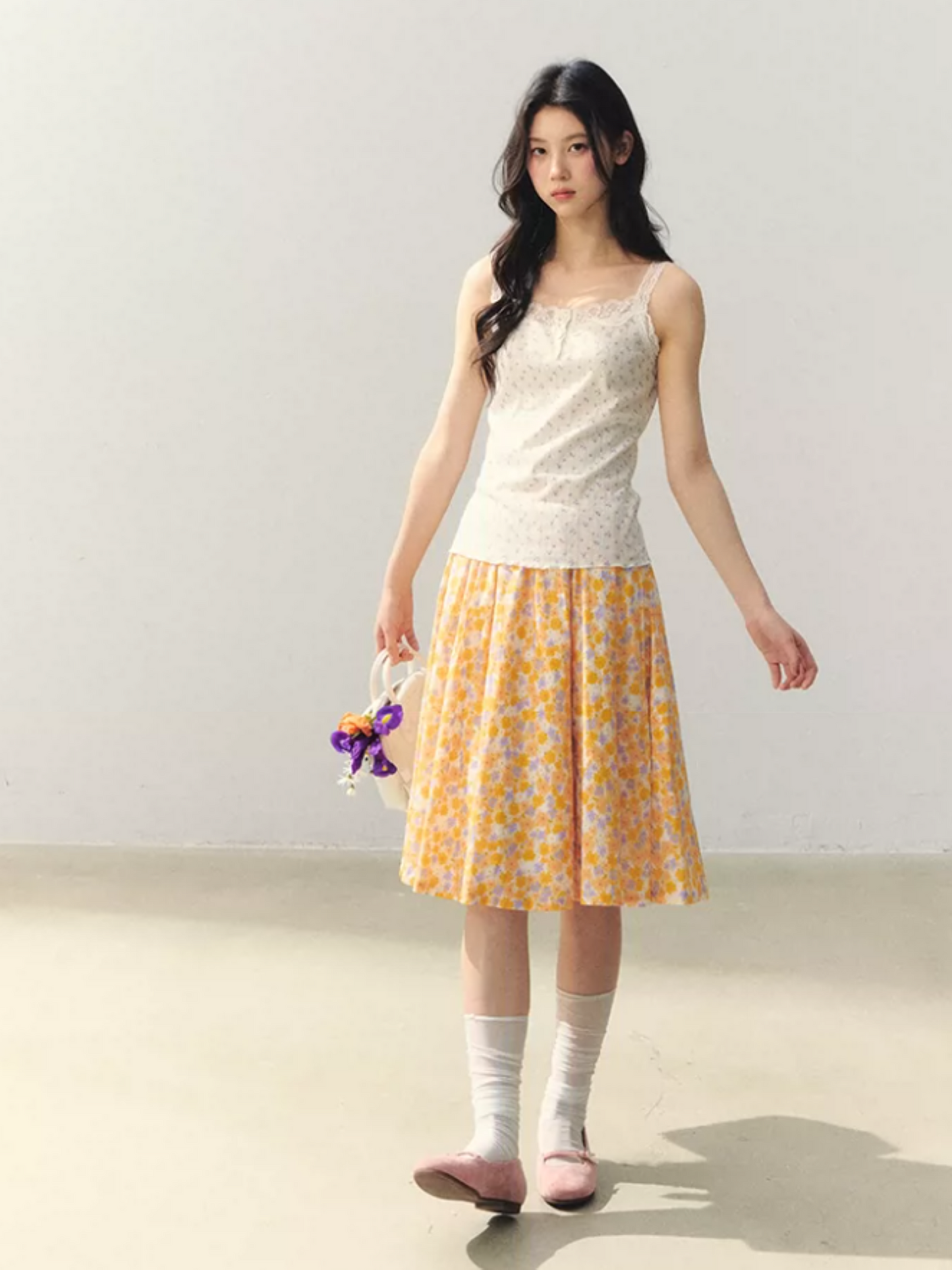 Citrus Bloom Lace Cami & Floral Pleated Skirt Set LL2026039