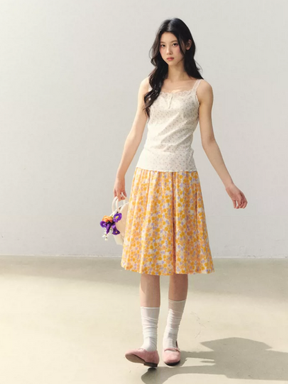 Citrus Bloom Lace Cami & Floral Pleated Skirt Set LL2026039