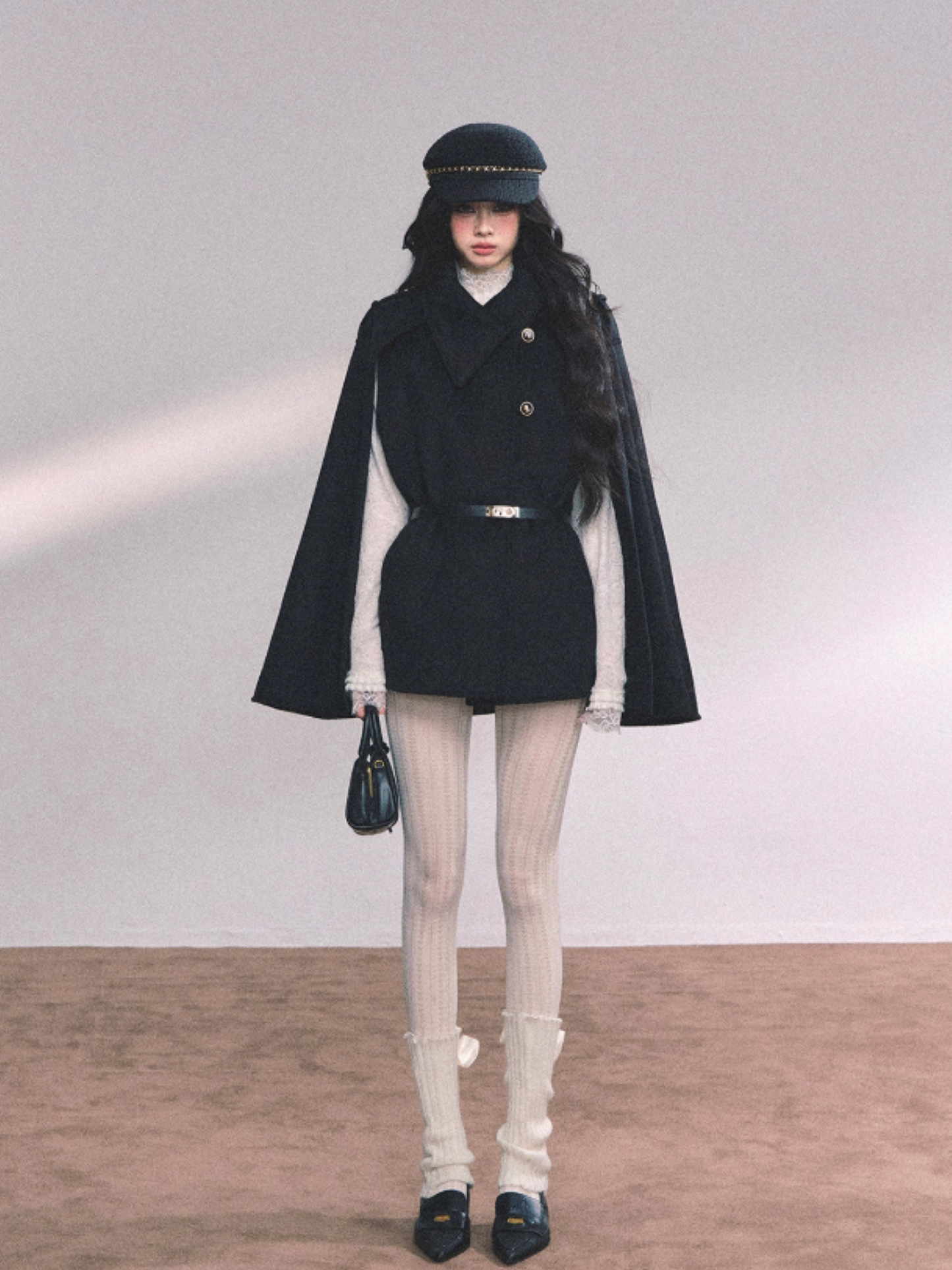 "巴黎新贵" French Heiress Waist-Cinched Cape Blazer