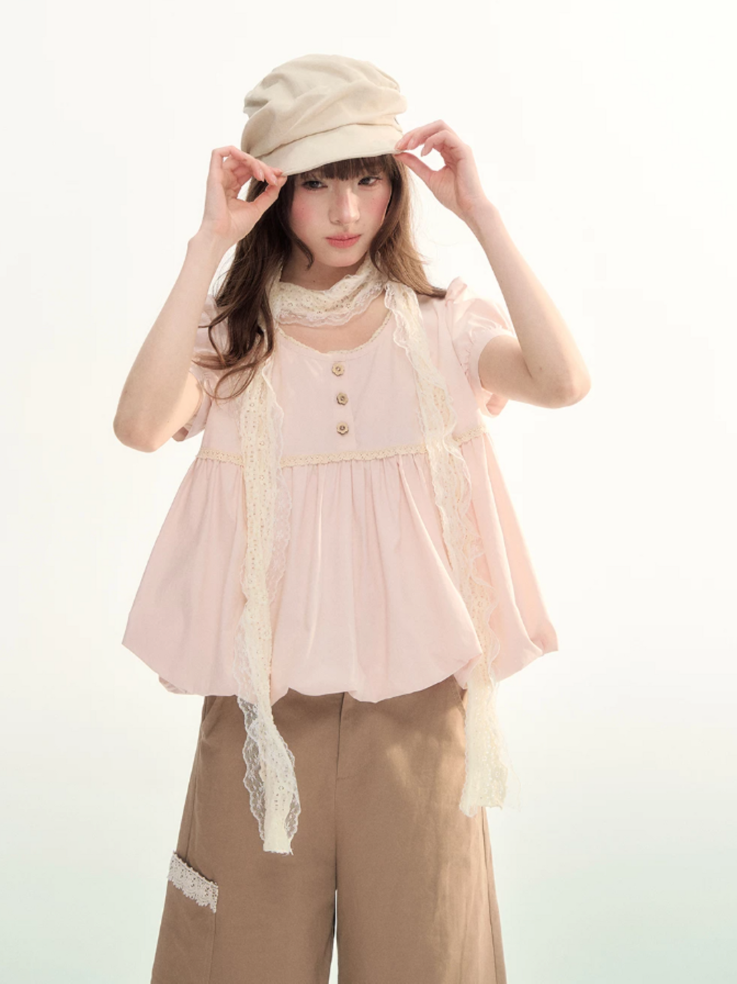 Soft Pink Lace Bubble Hem Blouse WW2026084