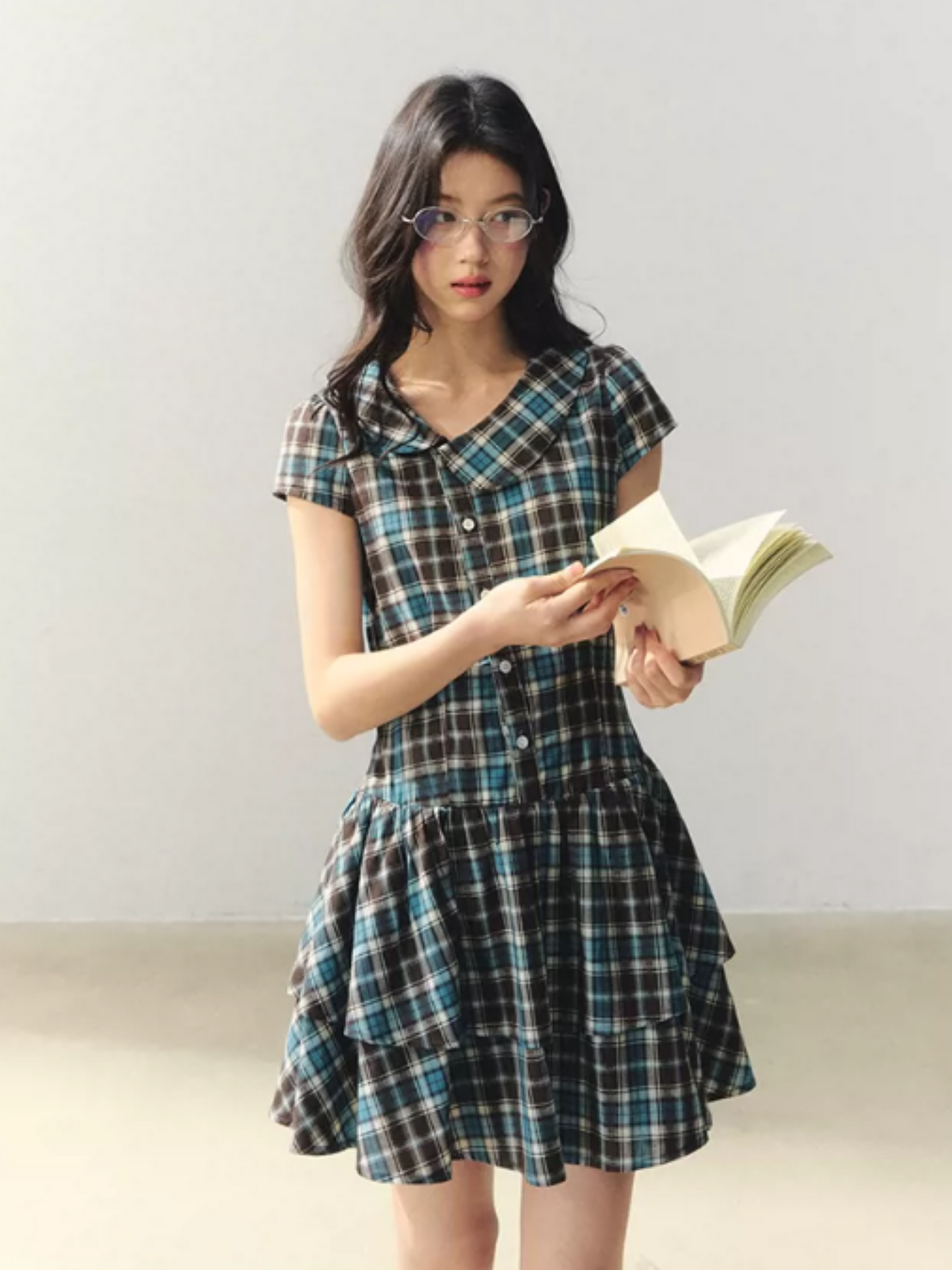 "Pine Chestnut Mint" Asymmetric Collar Plaid Dress LL2026034