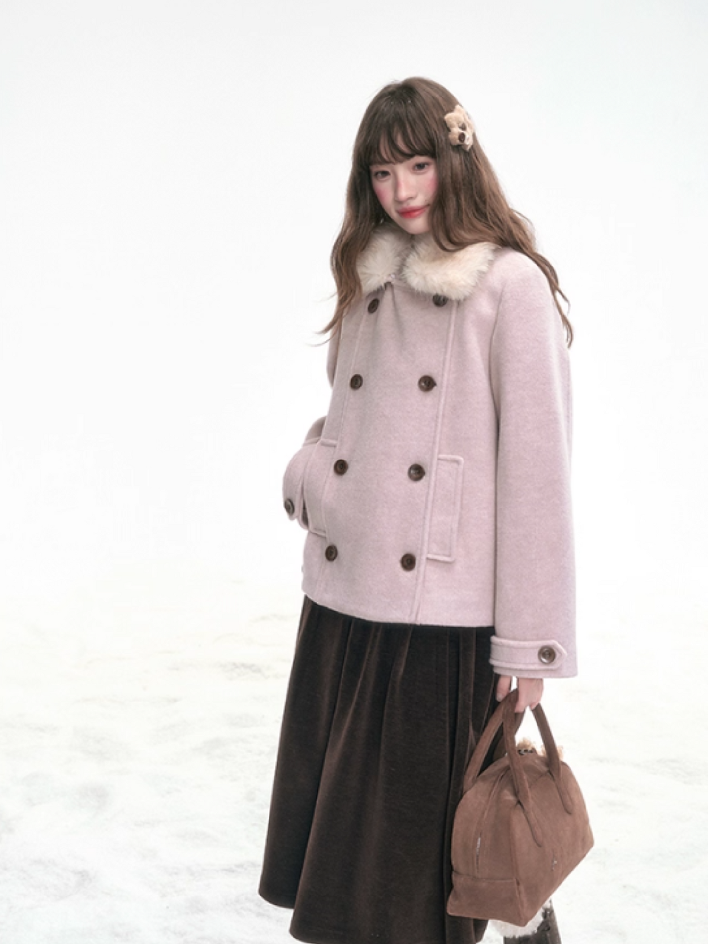 “Pink Letters” Sweet Vintage Double-Breasted Wool-Blend Coat LL2025336