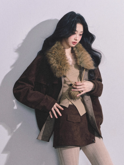 少也眼 Miu-Style Two-Piece Set – French Hepburn Jacket & Plaid Mini Skirt (Brown)