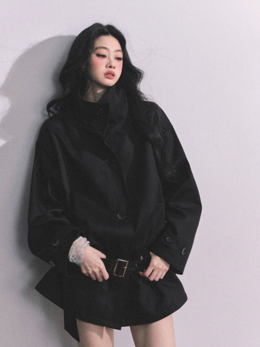 少也眼 Sydney Holiday French Hepburn Style Trench Coat (Black)