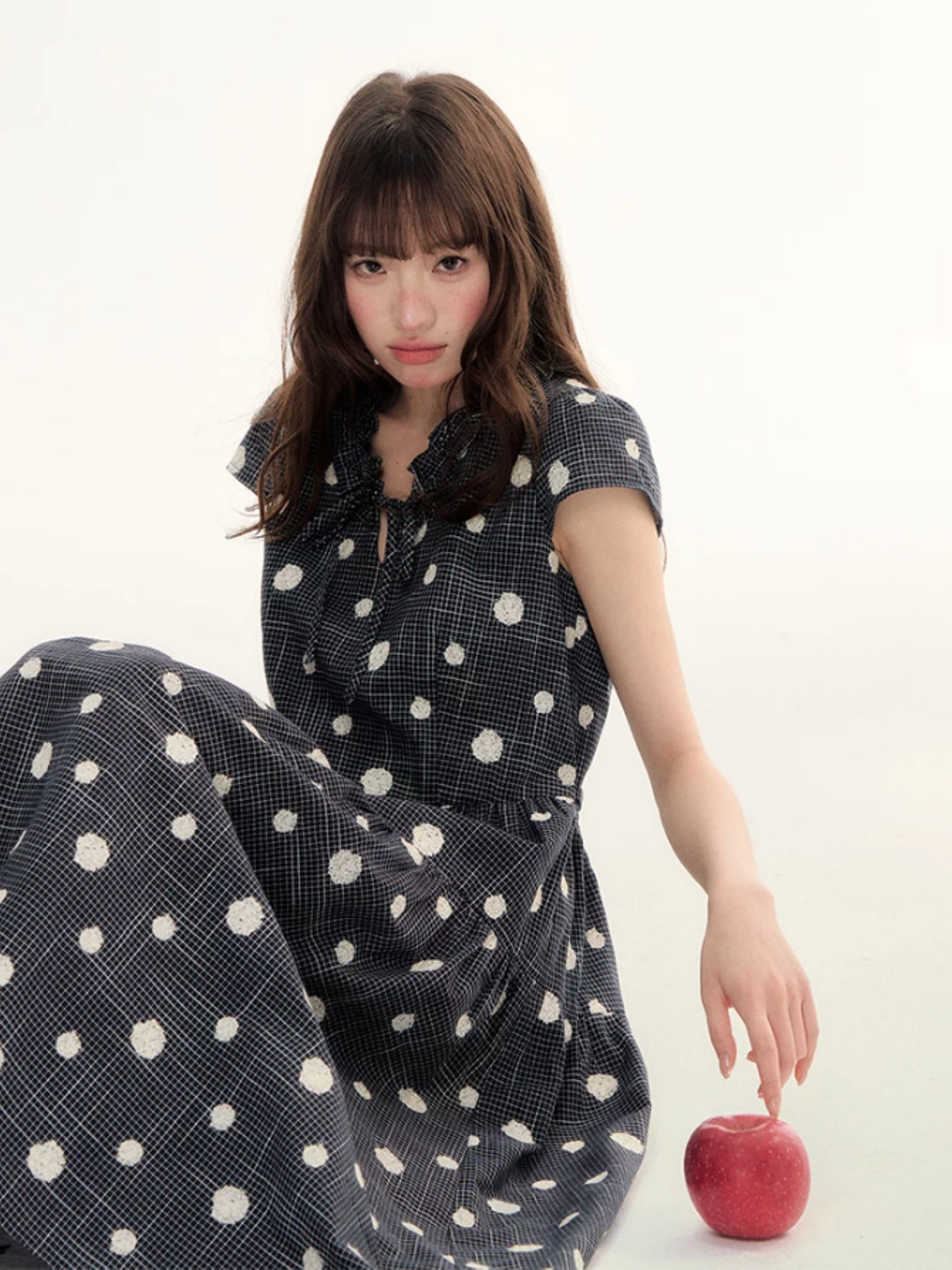 Navy Polka Dot Plaid Tie-Waist A-Line Dress LL2026095