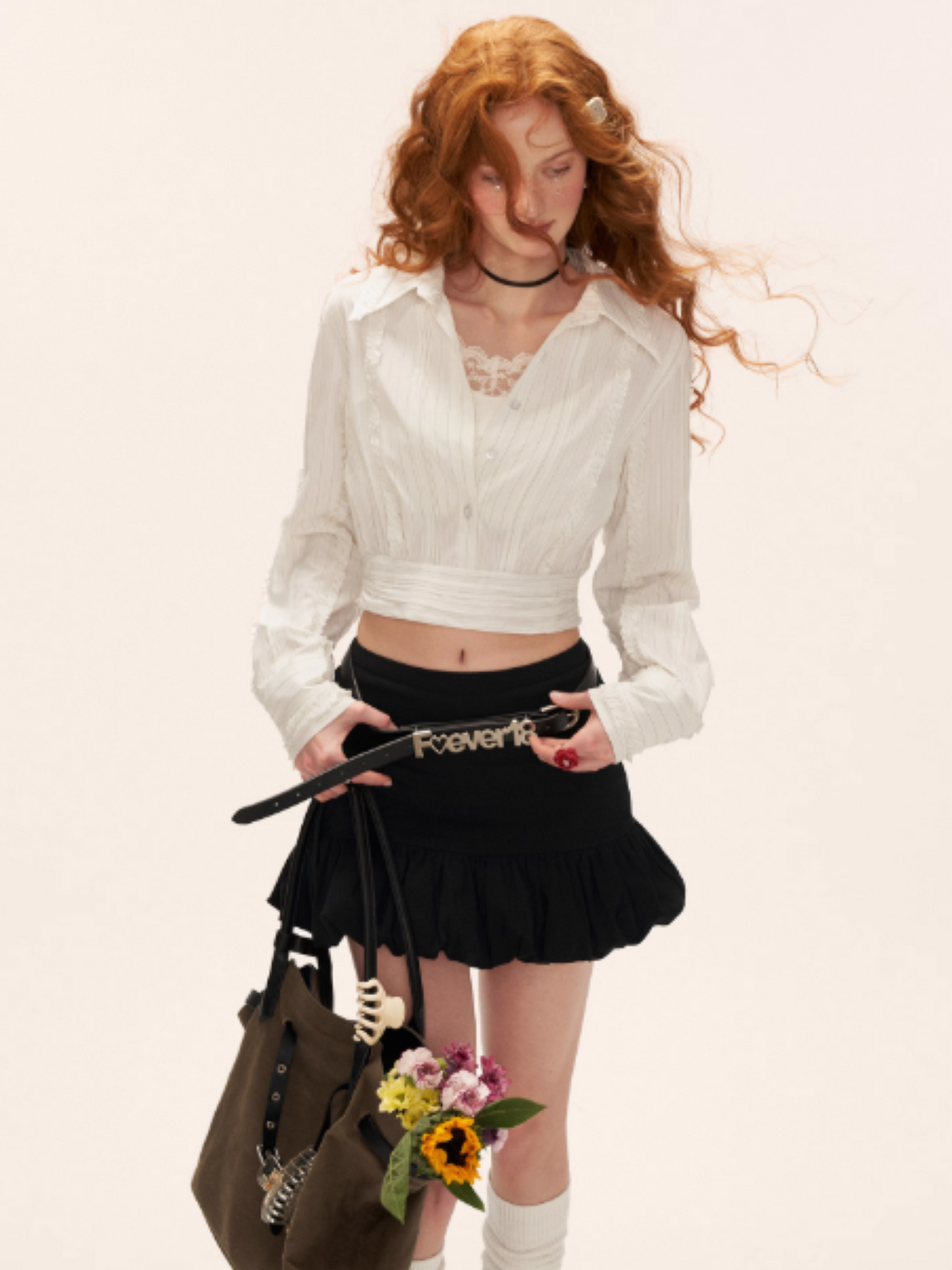 MAMC - Layered Striped Waist-Cinched White Shirt WE727