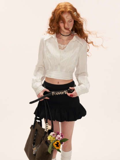 MAMC - Layered Striped Waist-Cinched White Shirt WE727