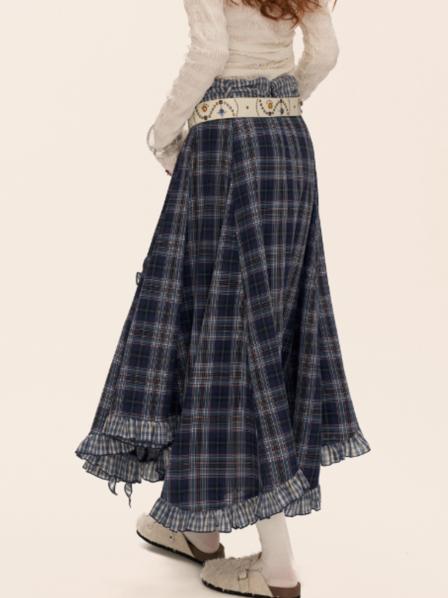 Asymmetrical Plaid Maxi Skirt with Ruffle Hem WE814 (Blue)