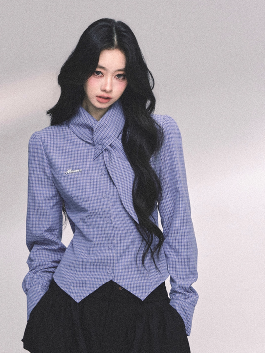 少也眼 American-Style Loose-Fit Plaid Shirt – Blue