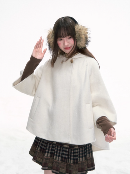 '漫游者' White Wool-Blend Hooded Cape Coat