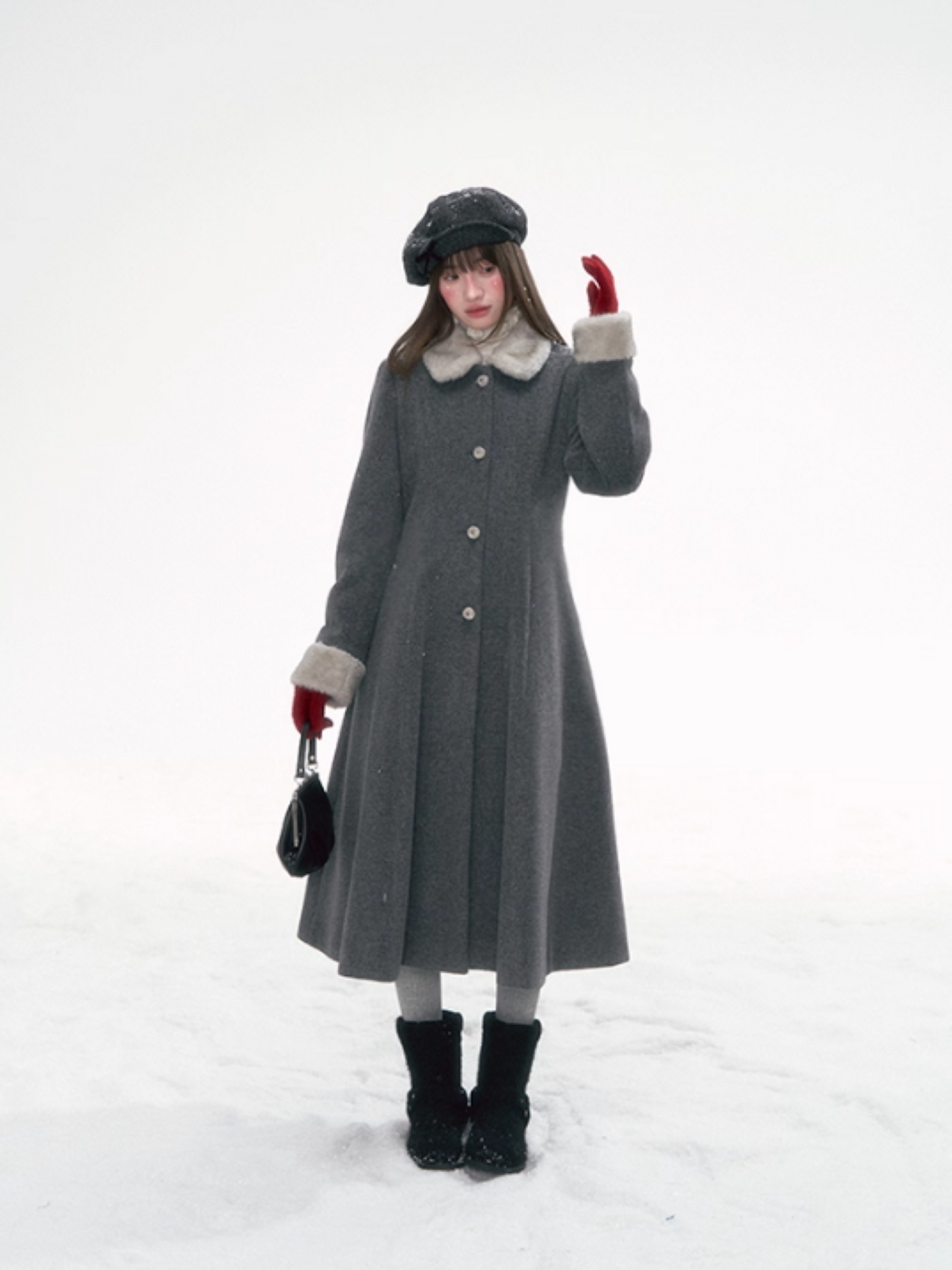 “Moscow Haze" Rose-Button Wool Coat – Cinched Waist Elegance