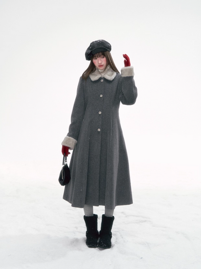 “Moscow Haze" Rose-Button Wool Coat – Cinched Waist Elegance