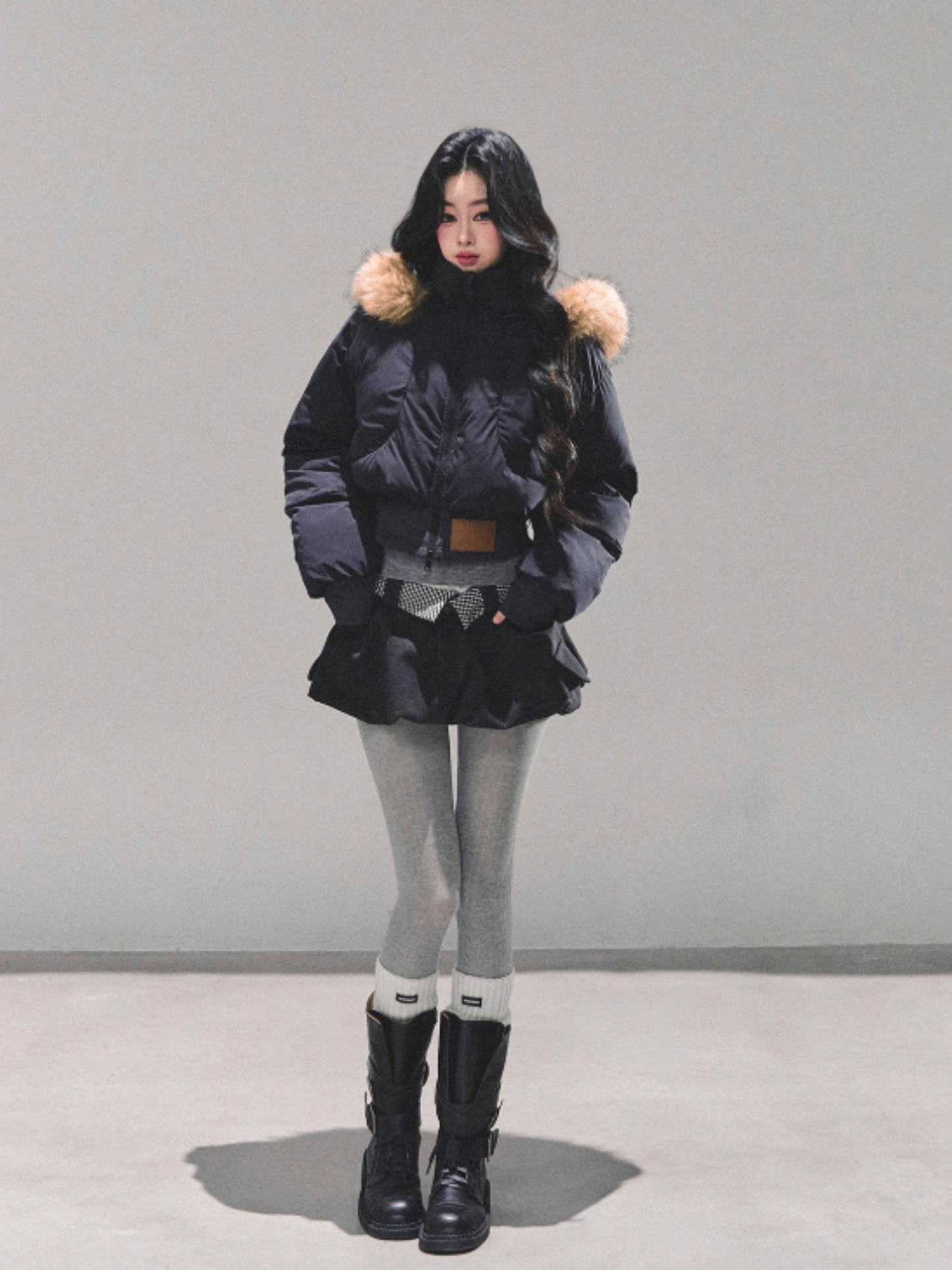 少也眼 Korean Preppy Short Puffer Jacket - Navy Blue