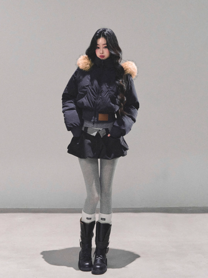 少也眼 Korean Preppy Short Puffer Jacket - Navy Blue