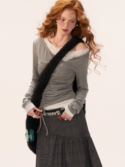 MAMC - Y2K Preppy Lace Trim Ruched Long Sleeve Top (Grey)