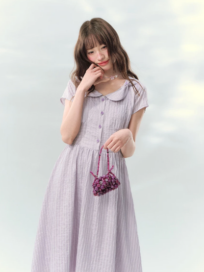 “Lavender Tea Mist” Lilac Stripe Puff Sleeve Dress LL2026137