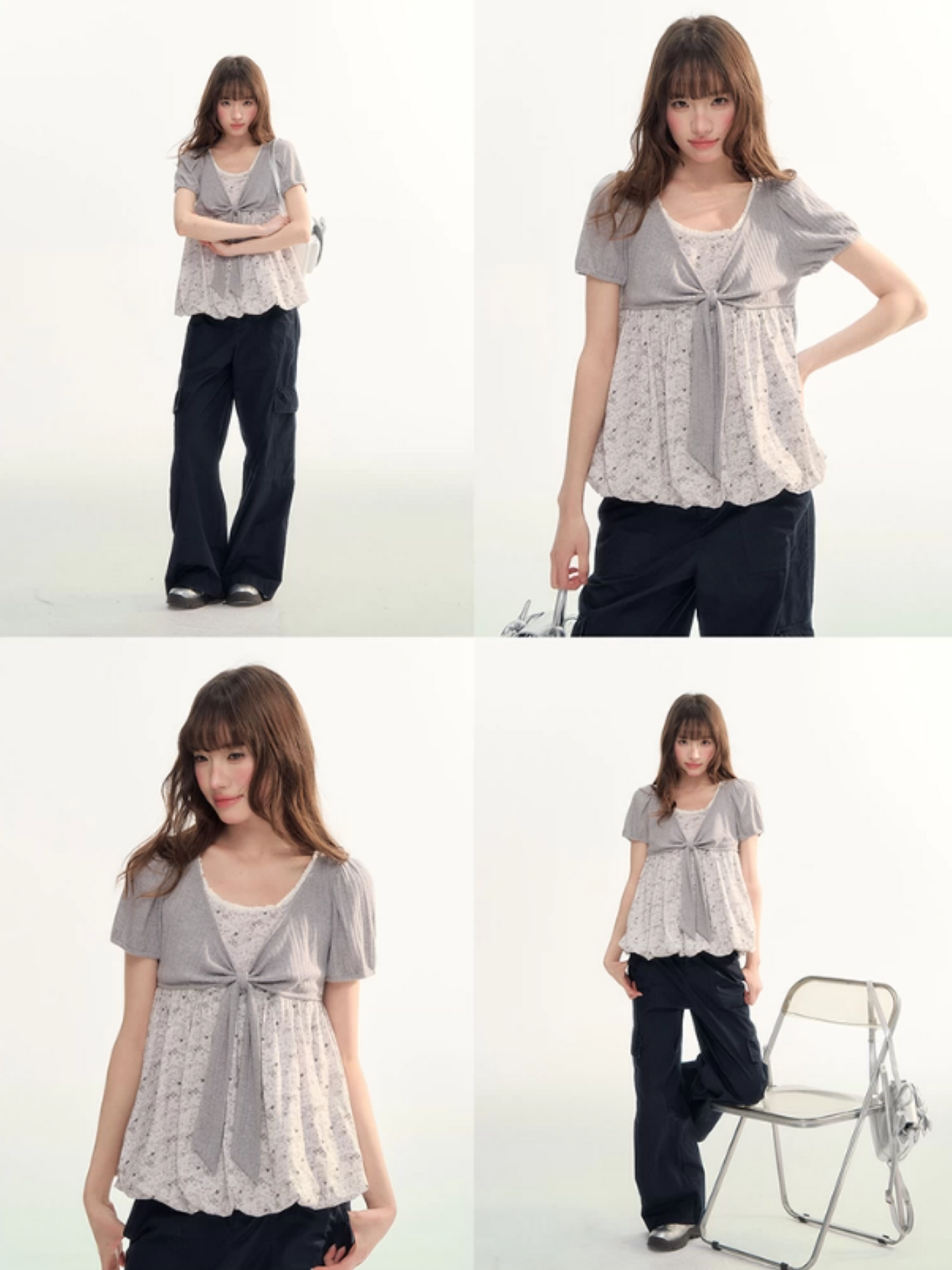 Floral Bow Puff Sleeve Bubble Top LL2026073