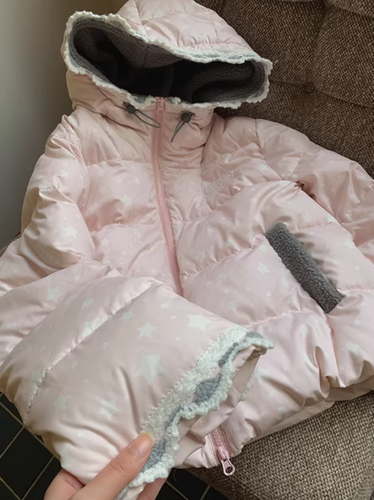 阮阮自制 - "Cherry Amber Star" Star Hooded White Duck Down Jacket