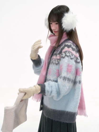 '甜梦蓝岛' Fair Isle Light Blue Knit Cardigan