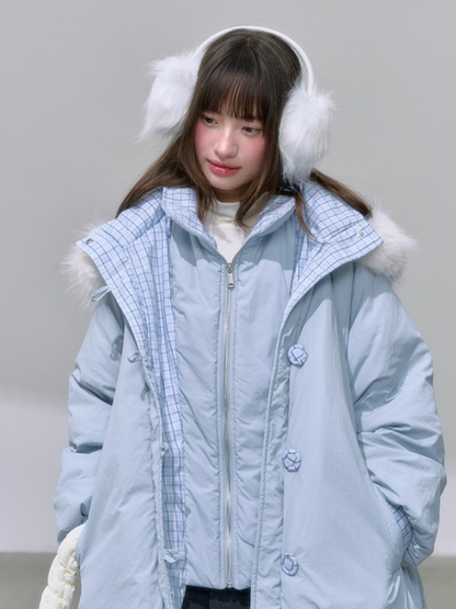 "雪境叠影" Faux Two-Piece Blue Down Jacket with 90% Duck Down & Fur Hood