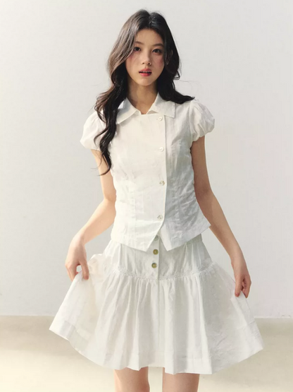 "Summer White Notes" Textured Shirt & Mini Skirt Set LL2026015