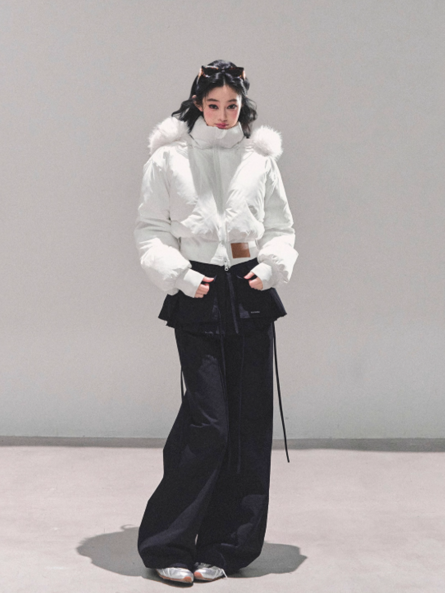 少也眼 Korean Preppy Short Puffer Jacket - White