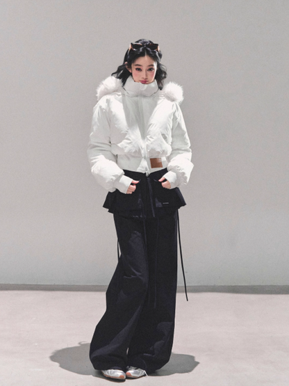 少也眼 Korean Preppy Short Puffer Jacket - White