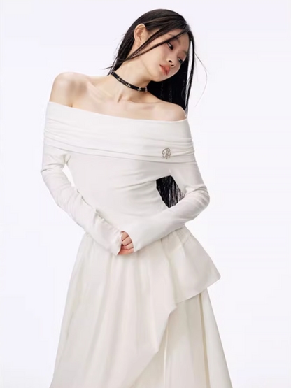 PCH - Hepburn Style Off-Shoulder Long Dress (White)
