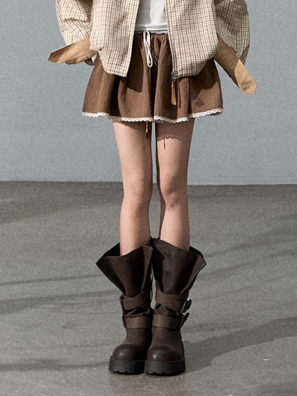 OAKMOO - "Moss Knee-High" Vintage Petal Strap Leather Boots – Brown 25Q499