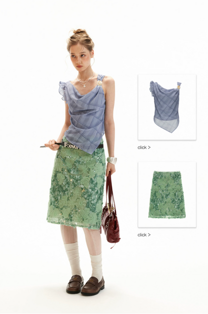 Mint Sequin Embroidered Midi Skirt