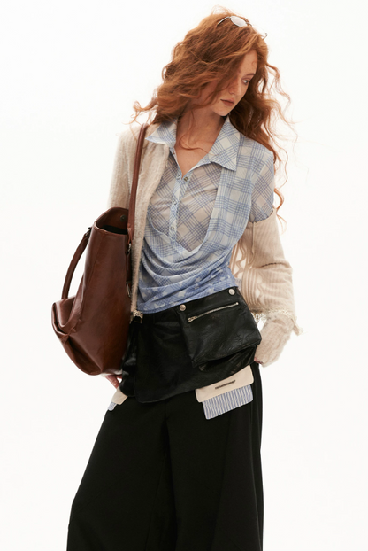 Layered Plaid Mesh Long Sleeve Shirt (Red / Blue)