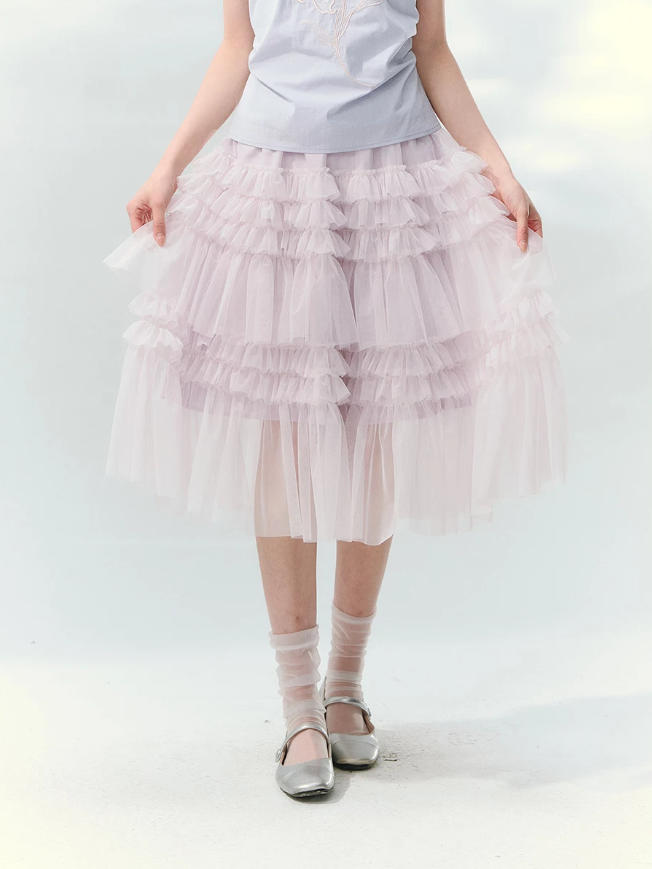“Taro Peach Layers” Dusty Lilac Tiered Tulle Midi Skirt