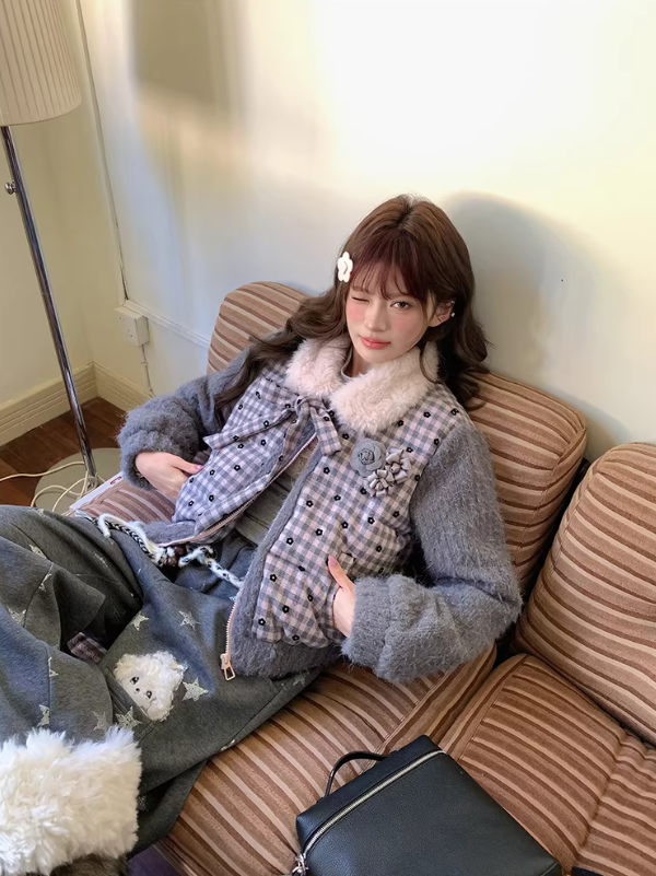 阮阮自制 - "Mist Isle Sakura" Faux-Layered Plaid Fur-Collar Puffer Jacket