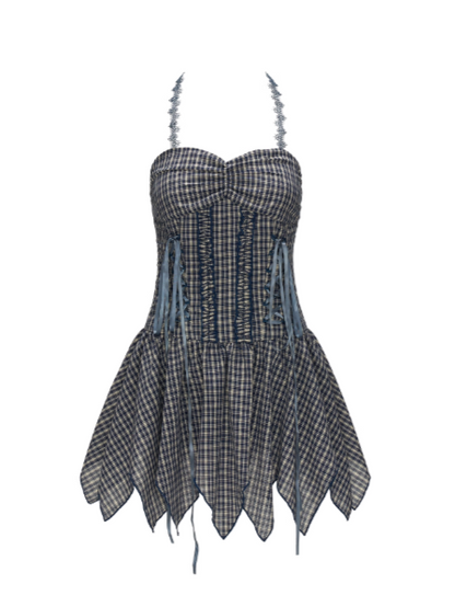 MAMC - Asymmetrical Blue Plaid Lace-Up Dress