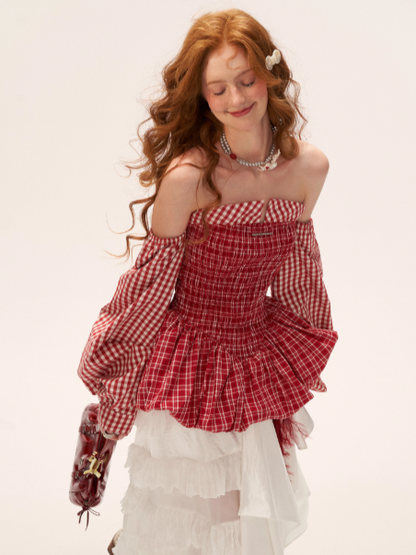 Off-Shoulder Peplum Top WE726 (Red Gingham)