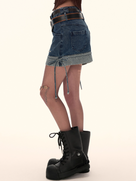 MAMC - Dual-Waist Drawstring Mini Skirt (Vintage Denim)