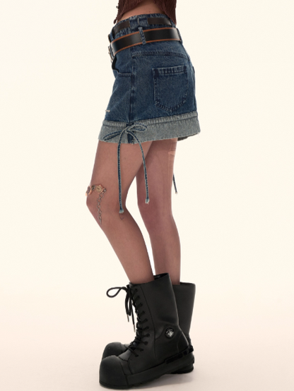 MAMC - Dual-Waist Drawstring Mini Skirt (Vintage Denim)