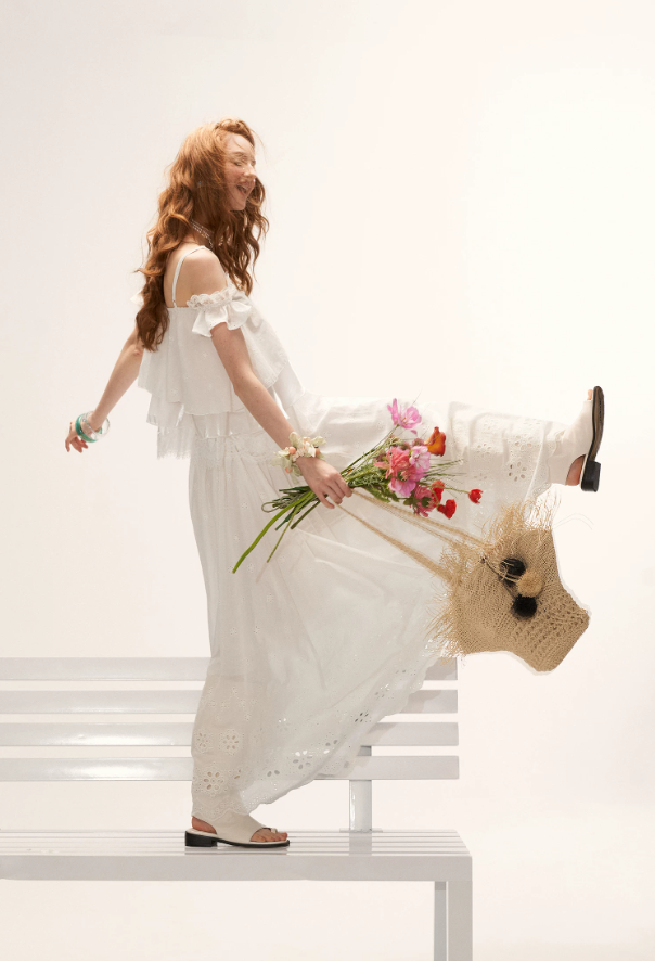 White Lace Ruffle Cami & Eyelet Maxi Skirt Set  WE991
