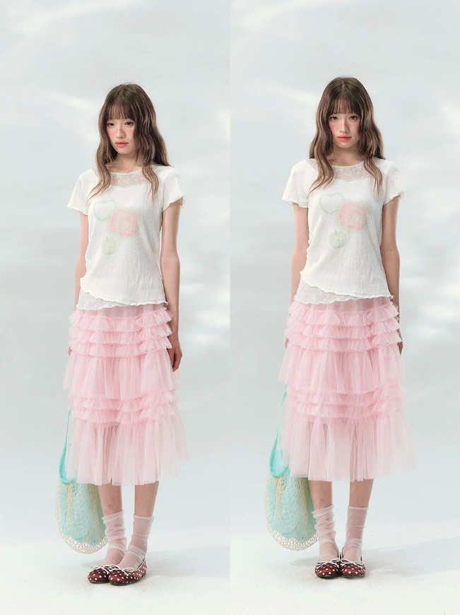 “Apple Mist Daydream” White Apple Print Ruched Tee