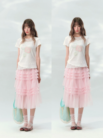 “Apple Mist Daydream” White Apple Print Ruched Tee