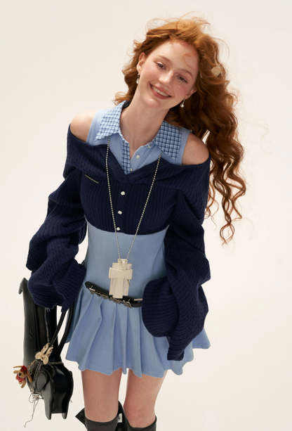 Blue Layered Collar Waist-Cinch Shirt Dress
