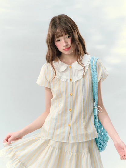 “Spring Lemon Breeze” Milk Blue Striped Shirt & Tiered Mini Skirt Set