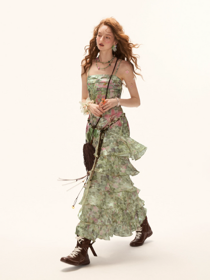 "Verdant Escape" Green Floral Strapless Maxi Dress WE922