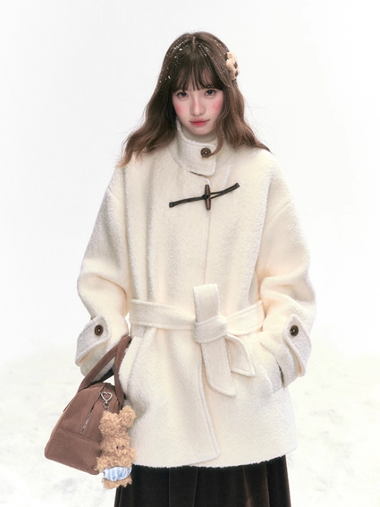 "Warm Latte Glow" Wool Duffle Coat — Belted Bouclé Design SJ2025302