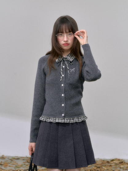 '素描与情书' Preppy Knit Sweater – Removable Plaid Collar + Bow Embroidery