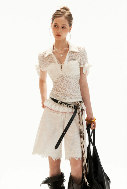 White Lace Trim Relaxed Cotton Shorts