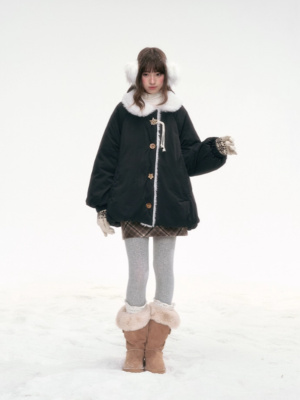 '绒间星轨' Puffer Jacket with Faux Fur Collar – Black LL2025264