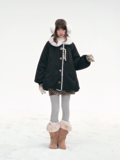 '绒间星轨' Puffer Jacket with Faux Fur Collar – Black LL2025264