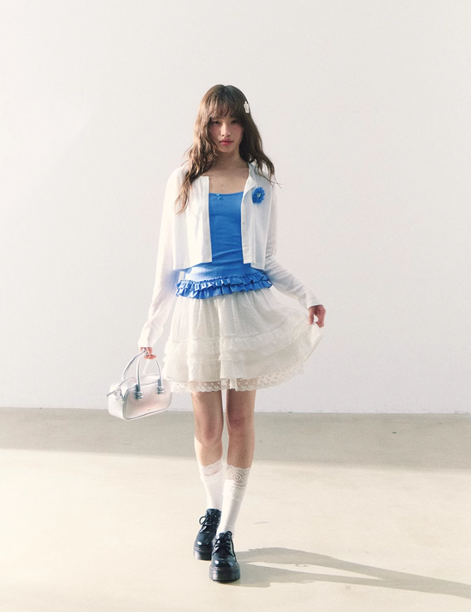 罐头粪便 - Sweet Bow Waist Design Multi-Layer Lace A-Line Skirt