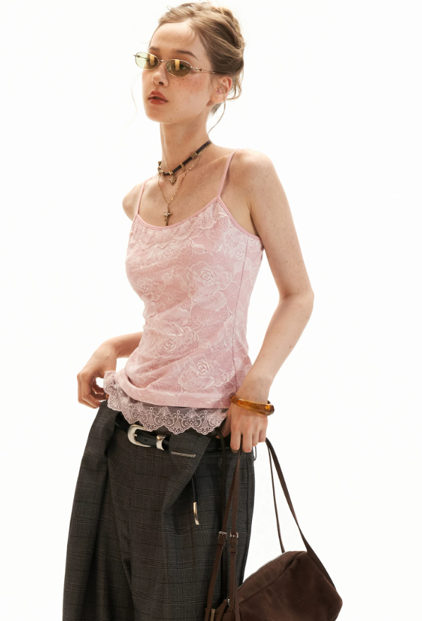 Floral Lace Trim Cami & Tie-Front Cardigan Set WE957